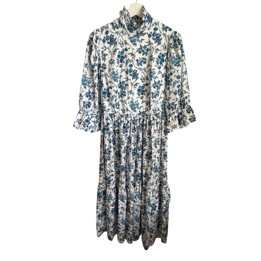Meadows Clematis 3/4 Sleeve Mock Neck Midi Shirt Dress In Big Blue Floral US 6 - Picture 2 of 10